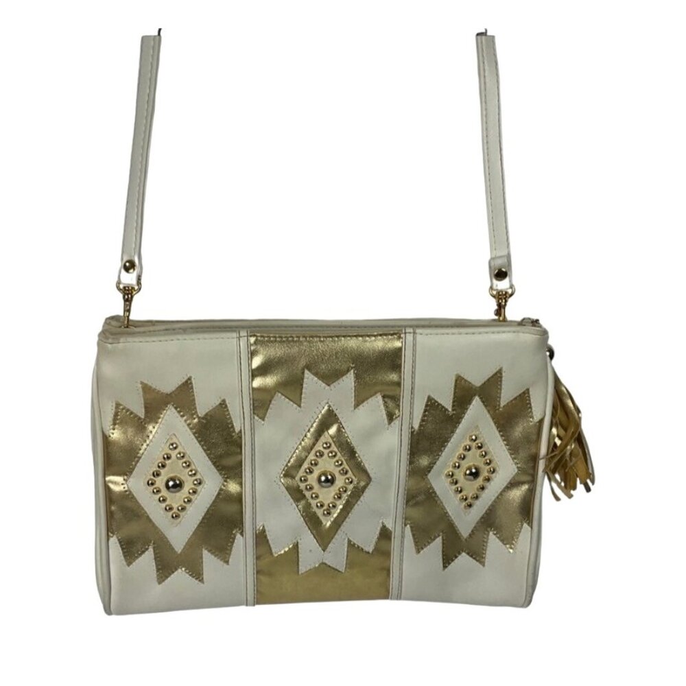 Vintage White‎ & Gold Aztec Geometric Leather Bag Eighties Vegan Leather Purse